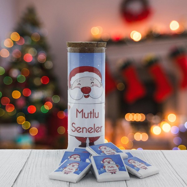 24 Adet Cam Tüpte Yılbaşı Çikolatası Madlen Baskılı Noel Baba