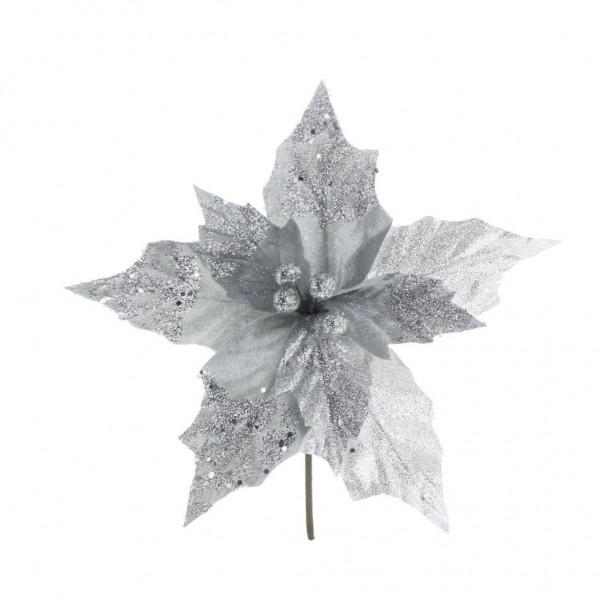 25cm Atatürk Çiçeği Kumaş Çiçek Ponsetya Gümüş Simli 1 Adet