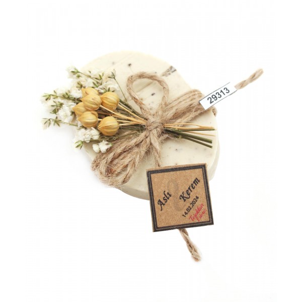 50 Adet 5x7cm Oval Sabun Doğal Çiçekli Söz Nişan Düğün Hediyesi İsim Etiketli Mod.4